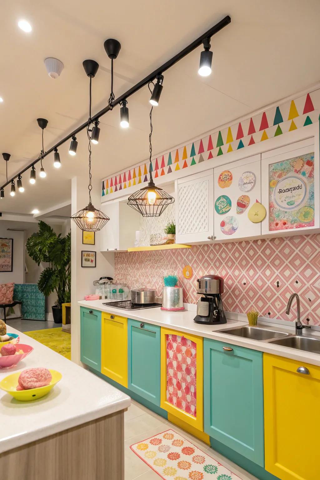 Introduce a playful aspect via colorful rail lighting accents.