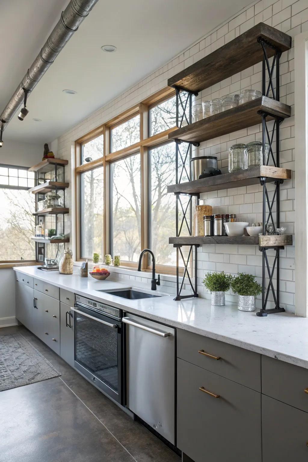 Kitchen shelves with industrial-style metal supports, adding a cutting-edge vibe.