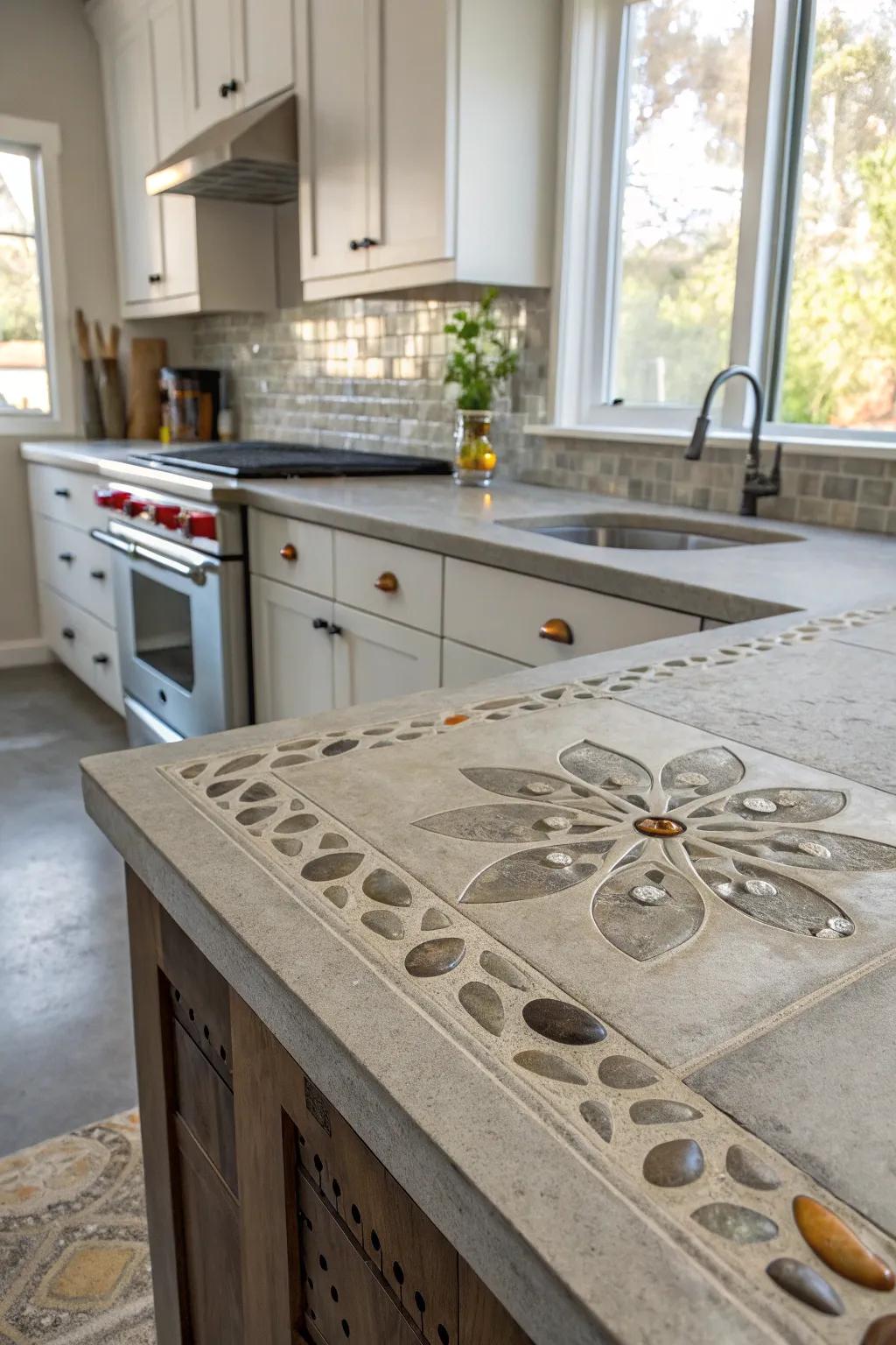 A cooking area with cement worktops accented by unique stone integrated designs.