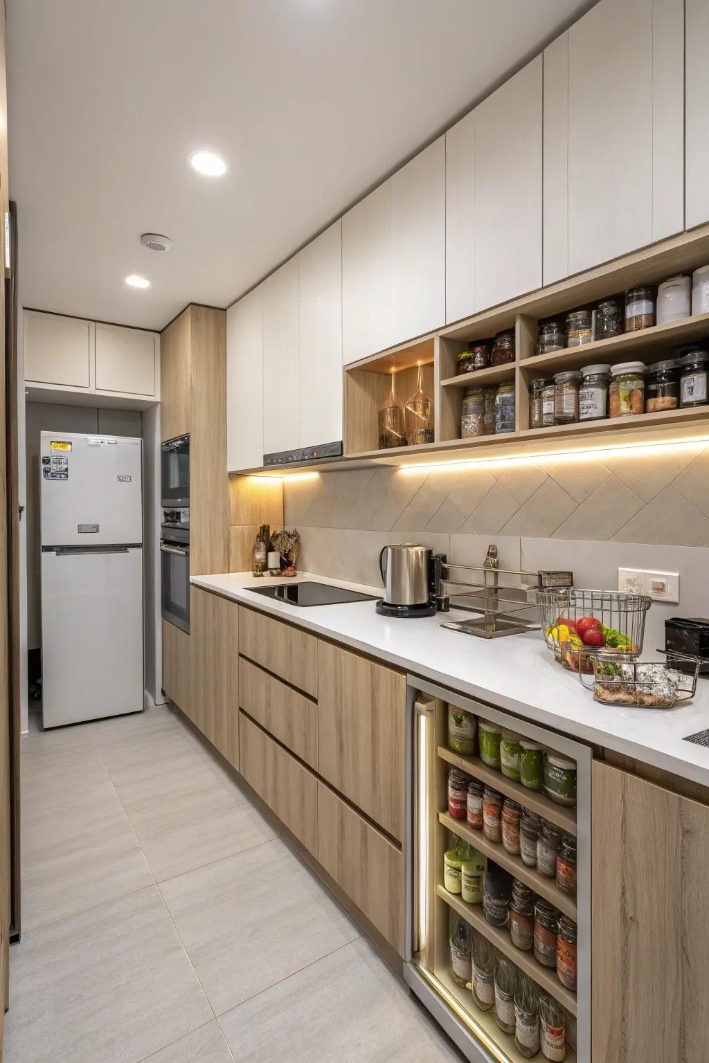 Light-shade surfaces make compact cooking spaces feel expansive.