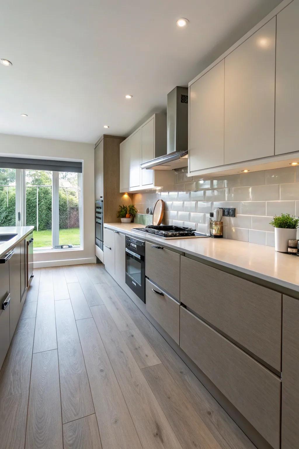 Consistent shift spanning floor to backsplash, resulting in design fluidity.