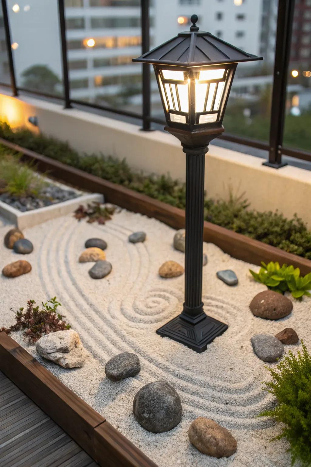 A Zen garden delivering tranquility to a lamp post area.