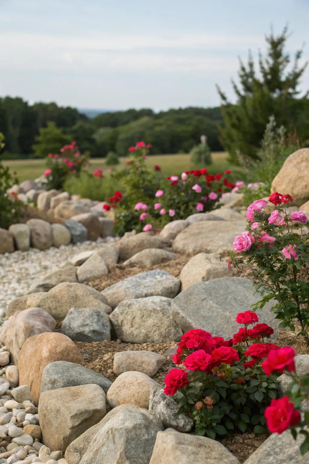 Radiant roses provide vibrant accents to rock gardens.