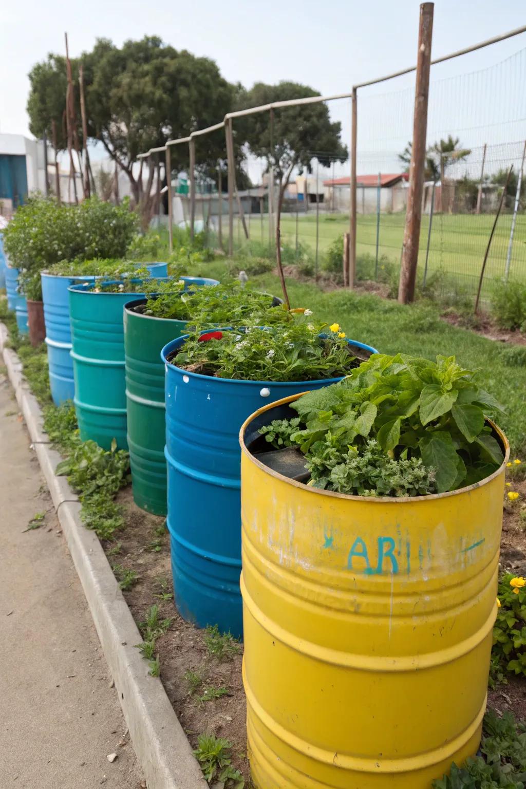 Changed plastic drums are a useful and colorful choice for raised beds.