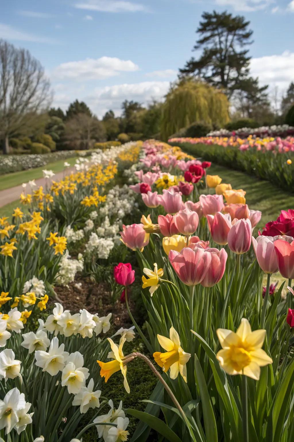 A bulk planting of bloomglows generating a dramatic and vibrant garden exhibition.