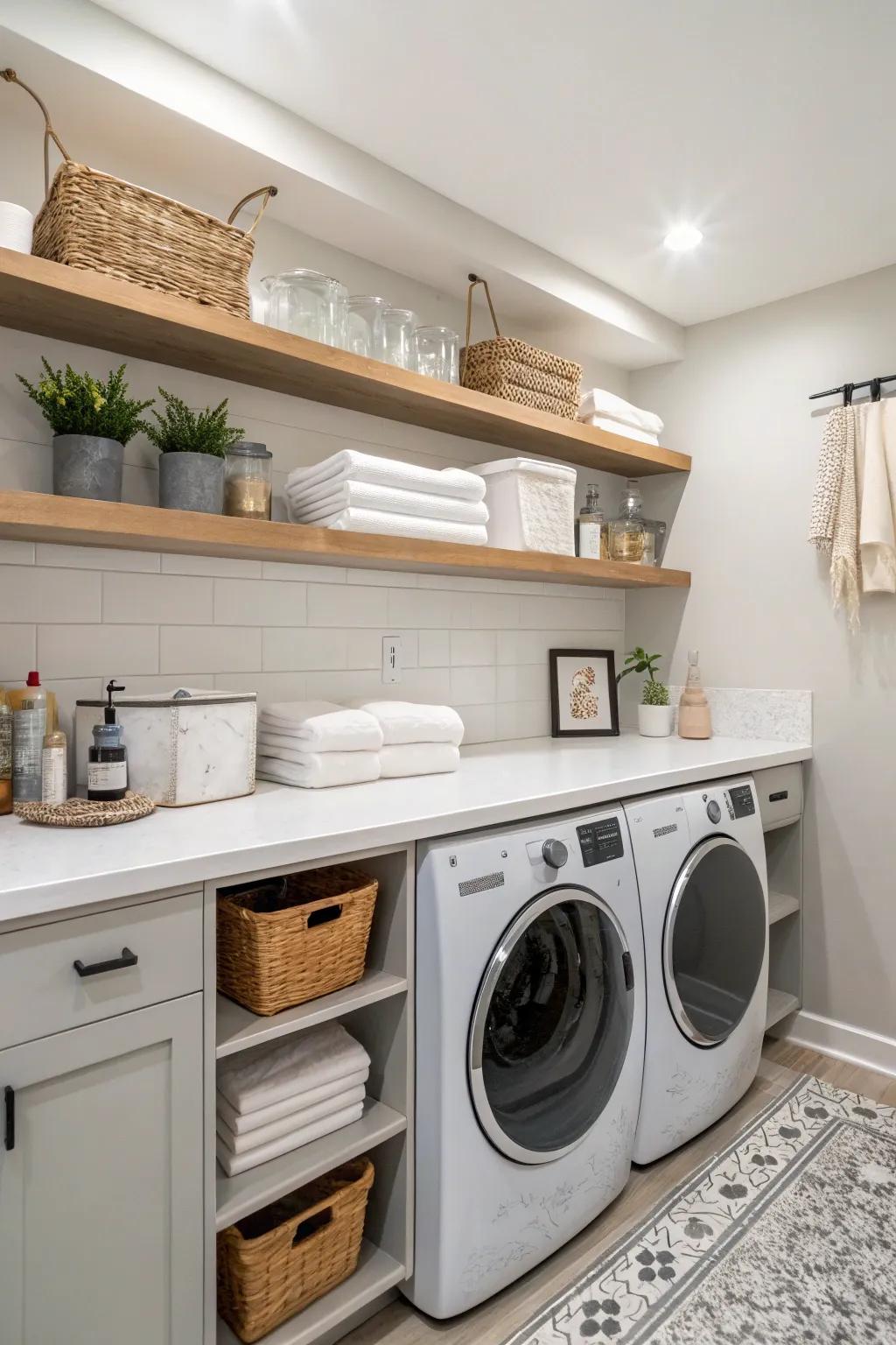 Floating shelves provide stylish and practical storage.