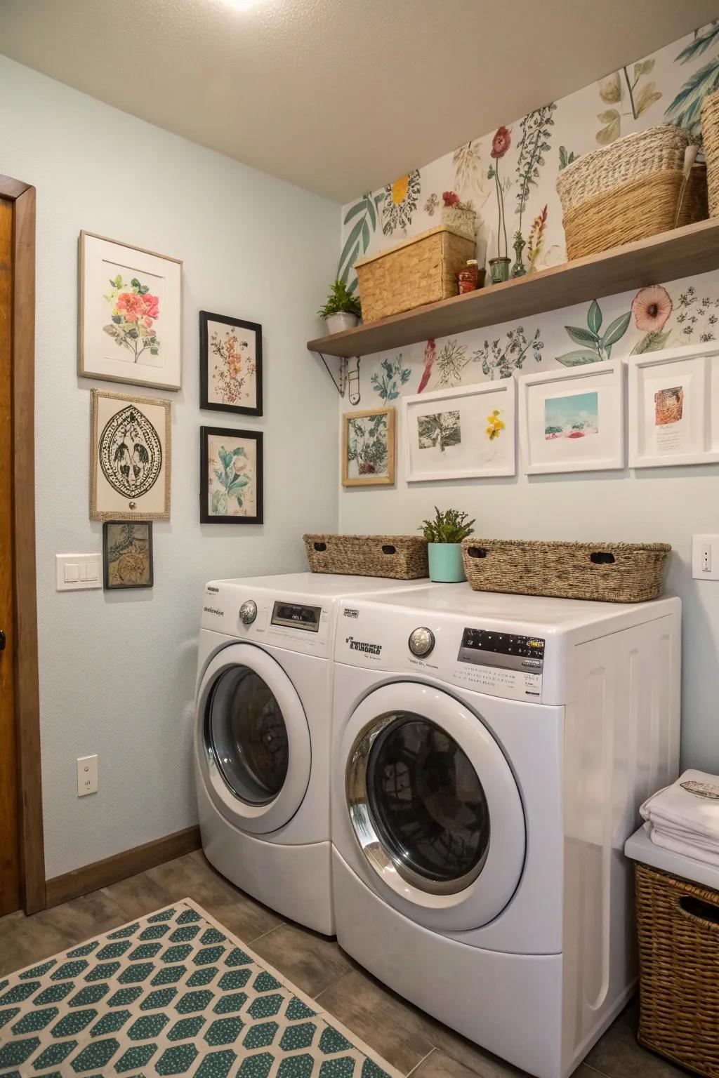 Artistic wall accents introduce character to your laundry space.