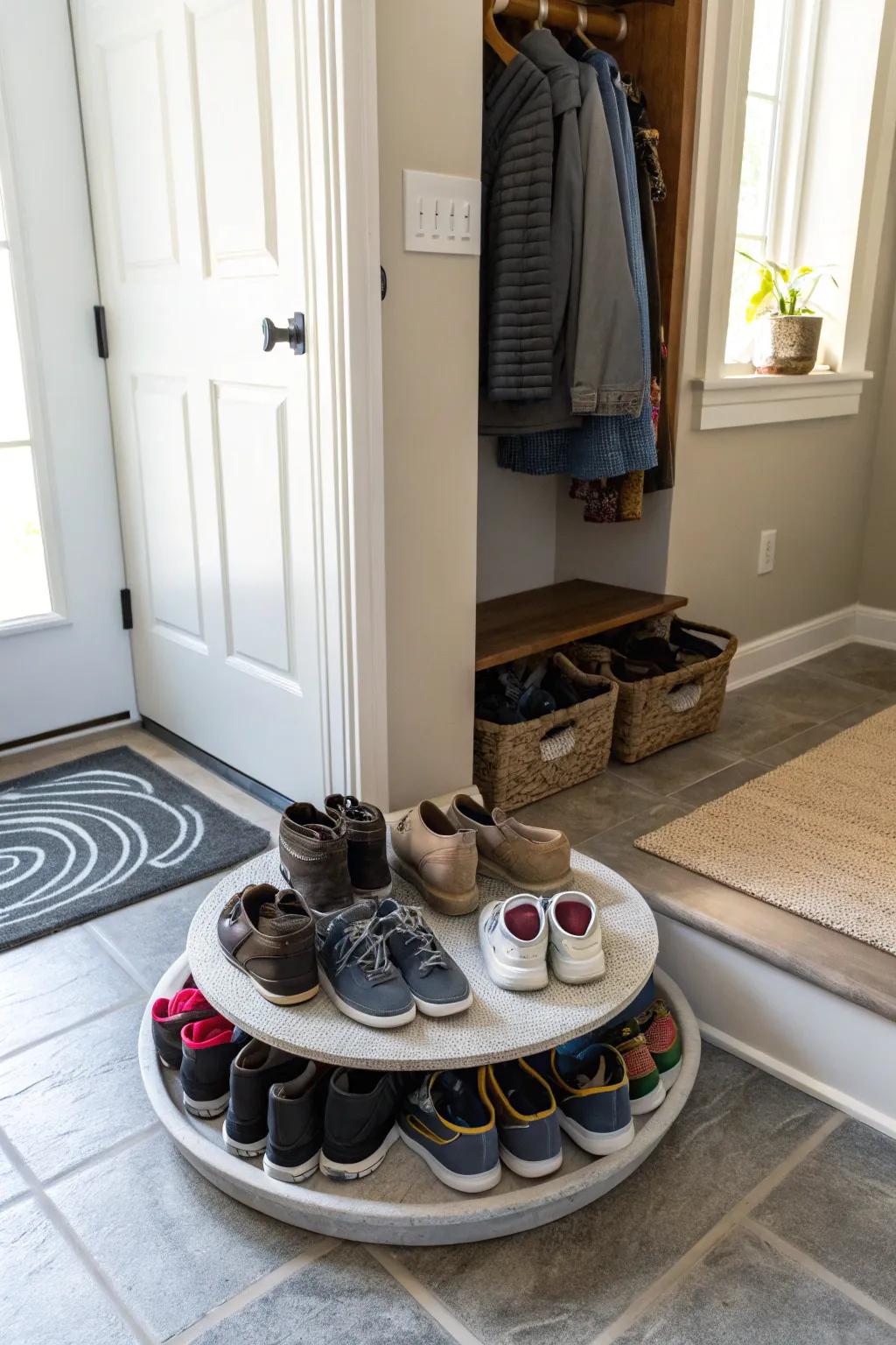 Organize your entryway with a Lazy Susan shoe storage.