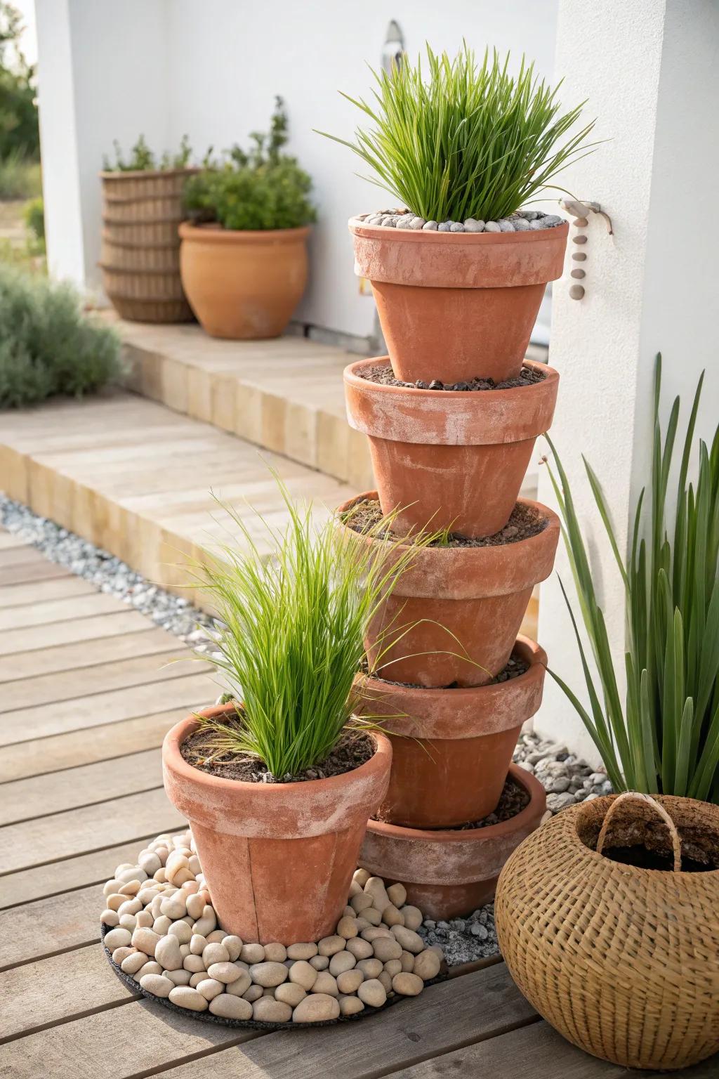 Elevate your garden with Tiered Earthenware Stacks: a minimalist's dream with a Boho twist.