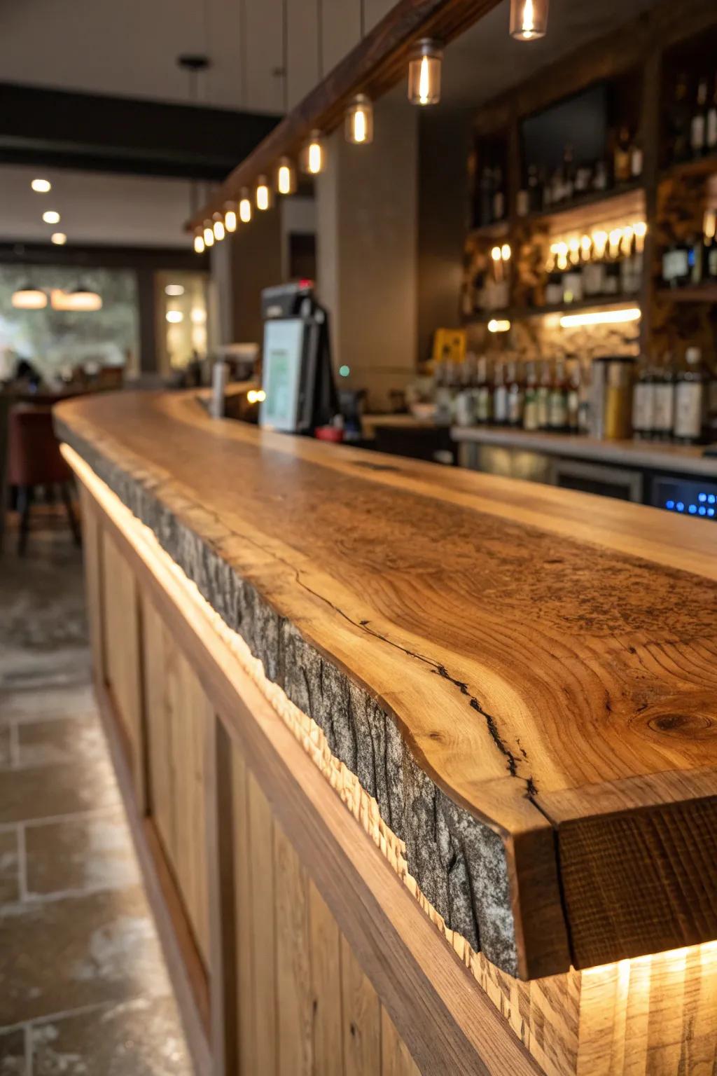 A close-up of a live edge bar with an emphasized edge that highlights its inherent beauty.
