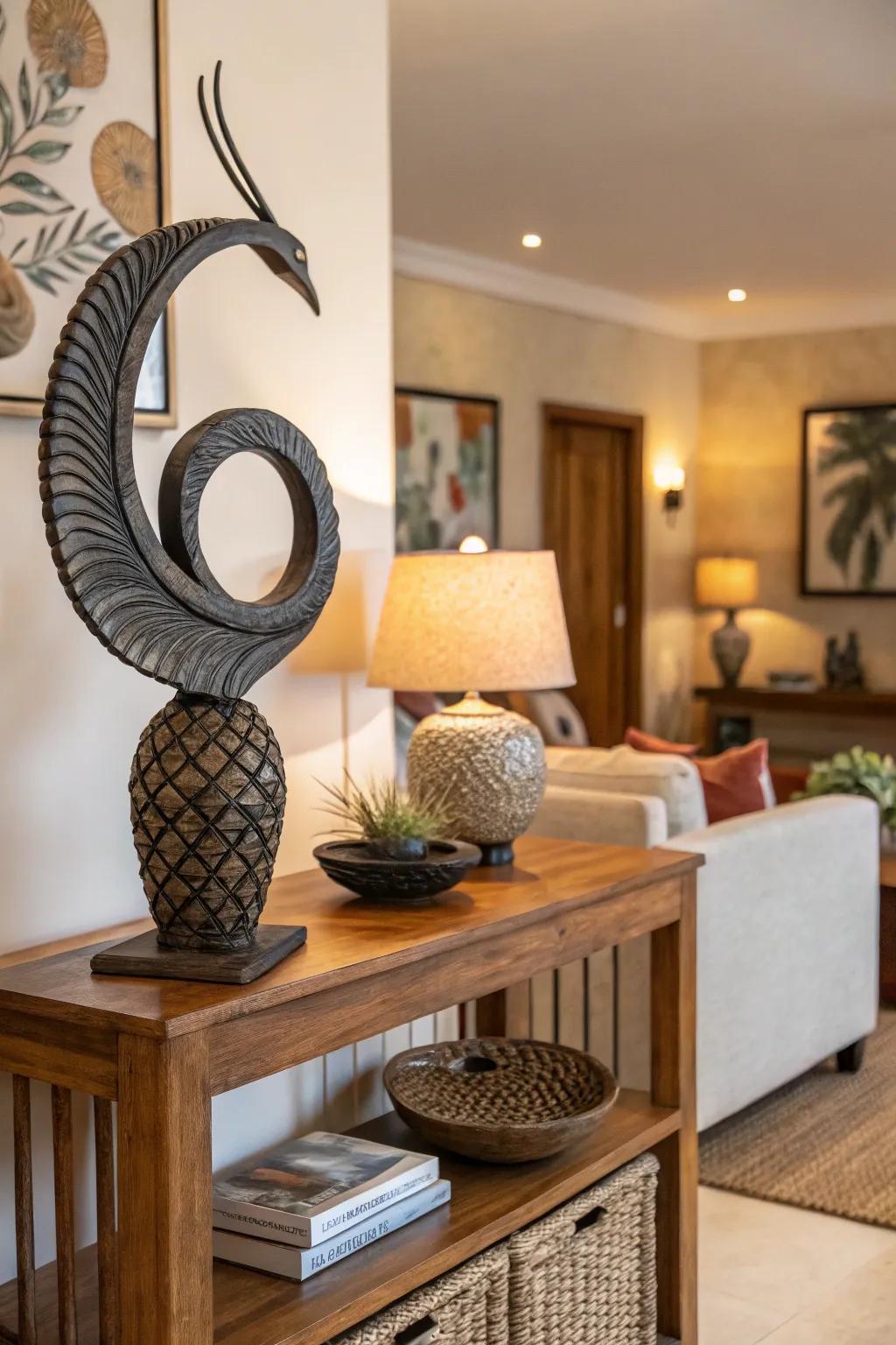 A sculpture serves as a captivating focal point in a corner.