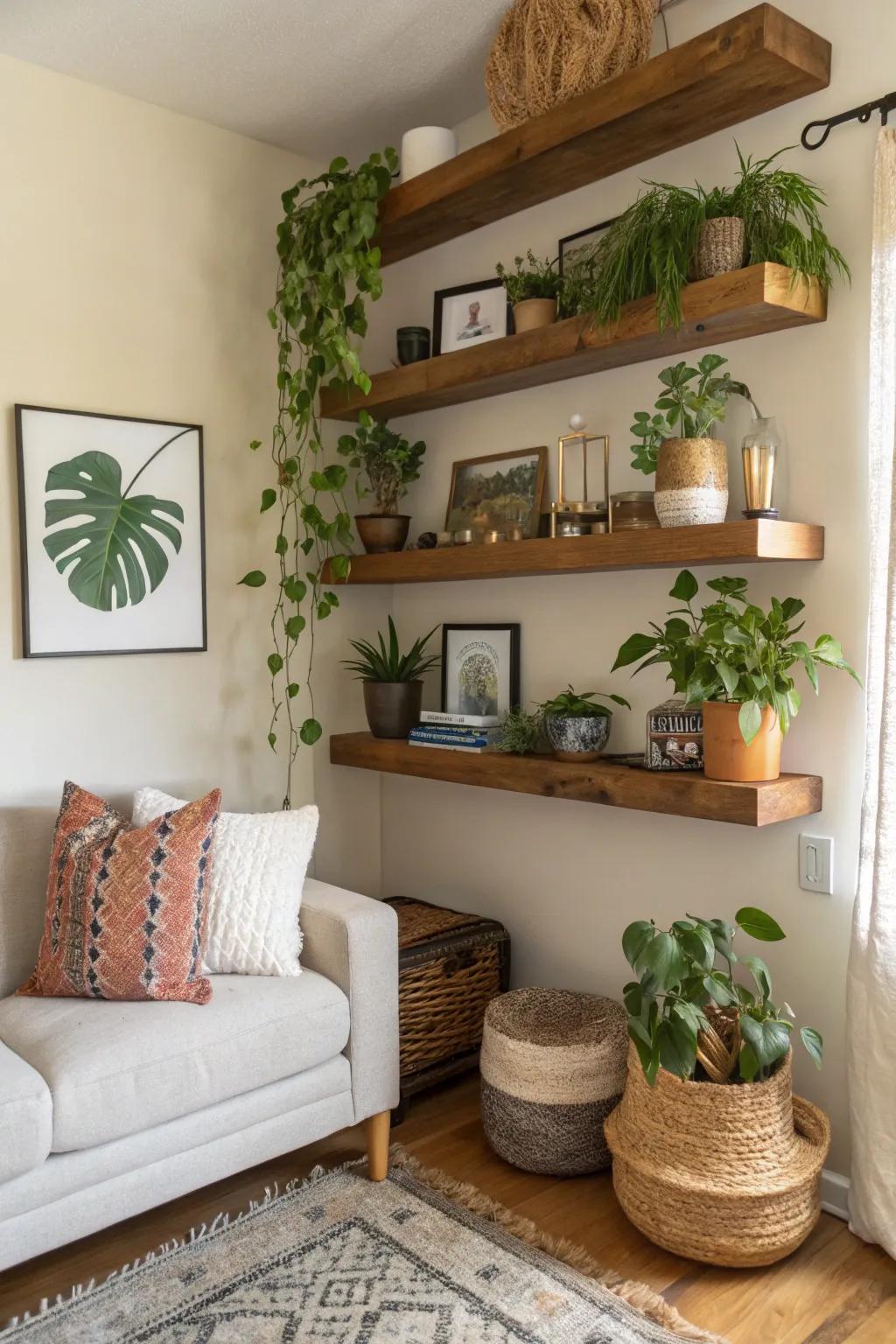 Make use of corners with floating shelves for added space.