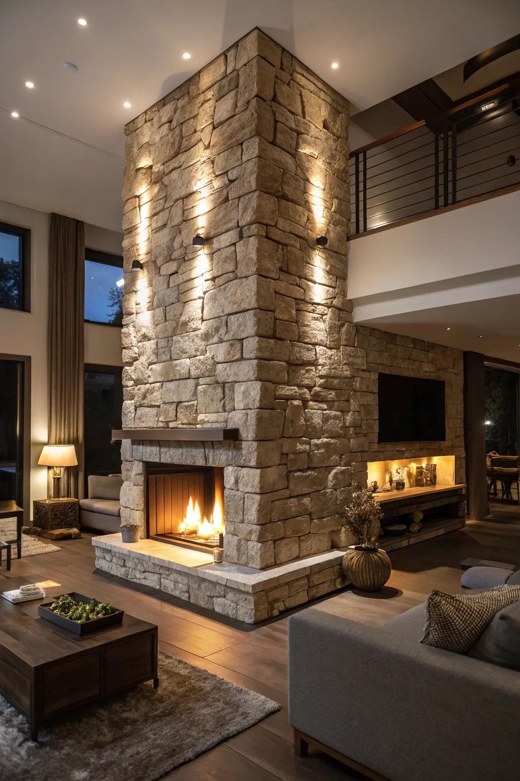 The unique textures of your stone fireplace are brought out by impressive lighting.