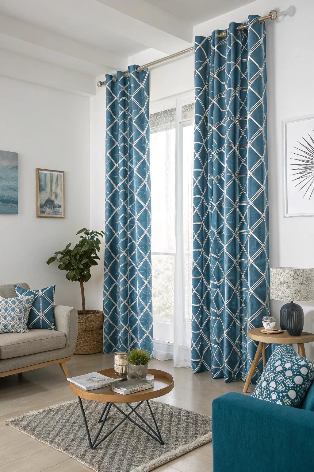 Geometric designs on sky-hue drapes add a contemporary twist and enhance visual intrigue in this contemporary living space.