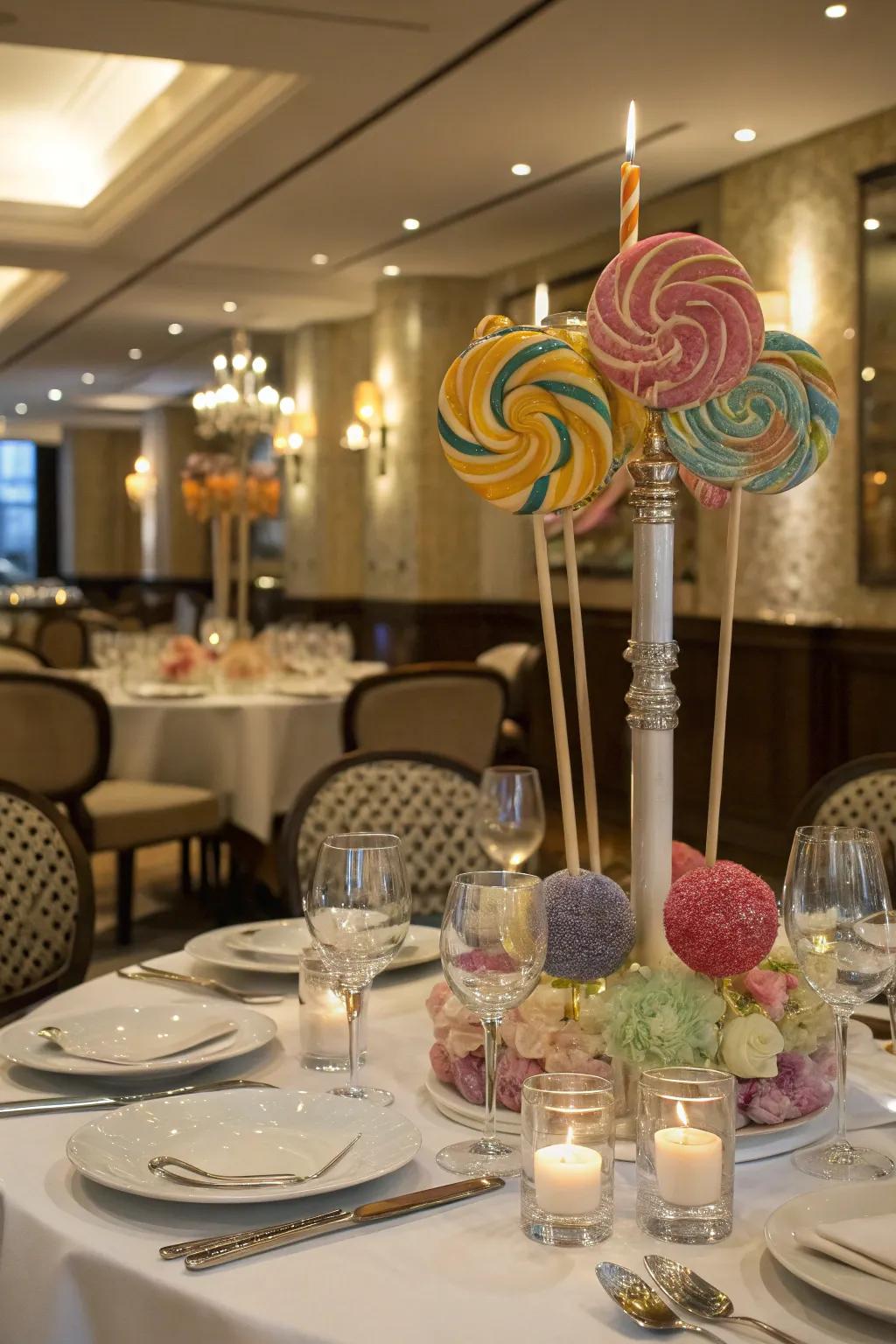 Candle holders furnish a sophisticated base for sugary gem displays.