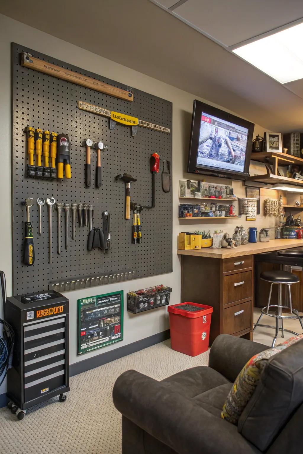 A pegboard wall combines both functionality and style.
