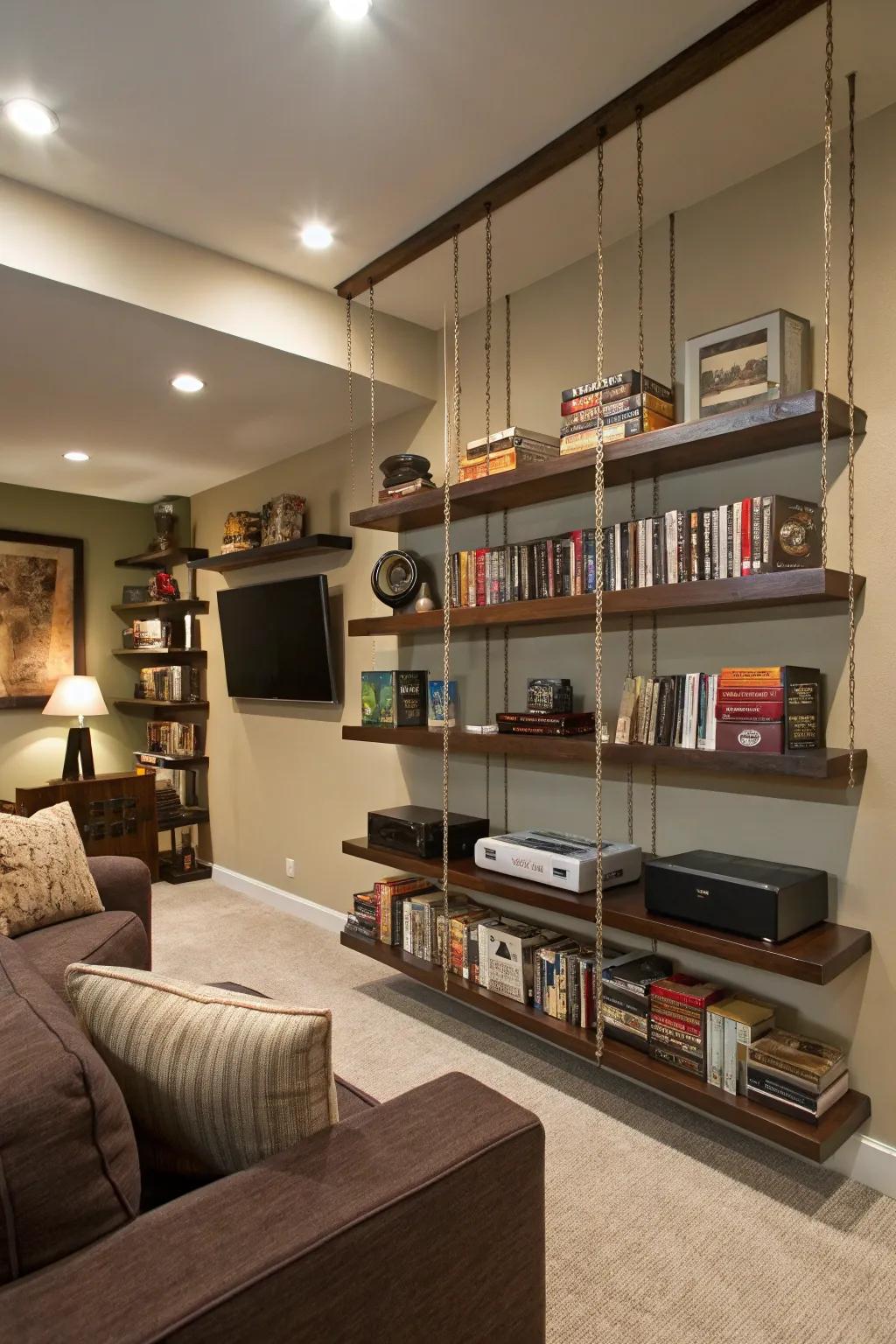 Floating shelves combine storage with sleek design.