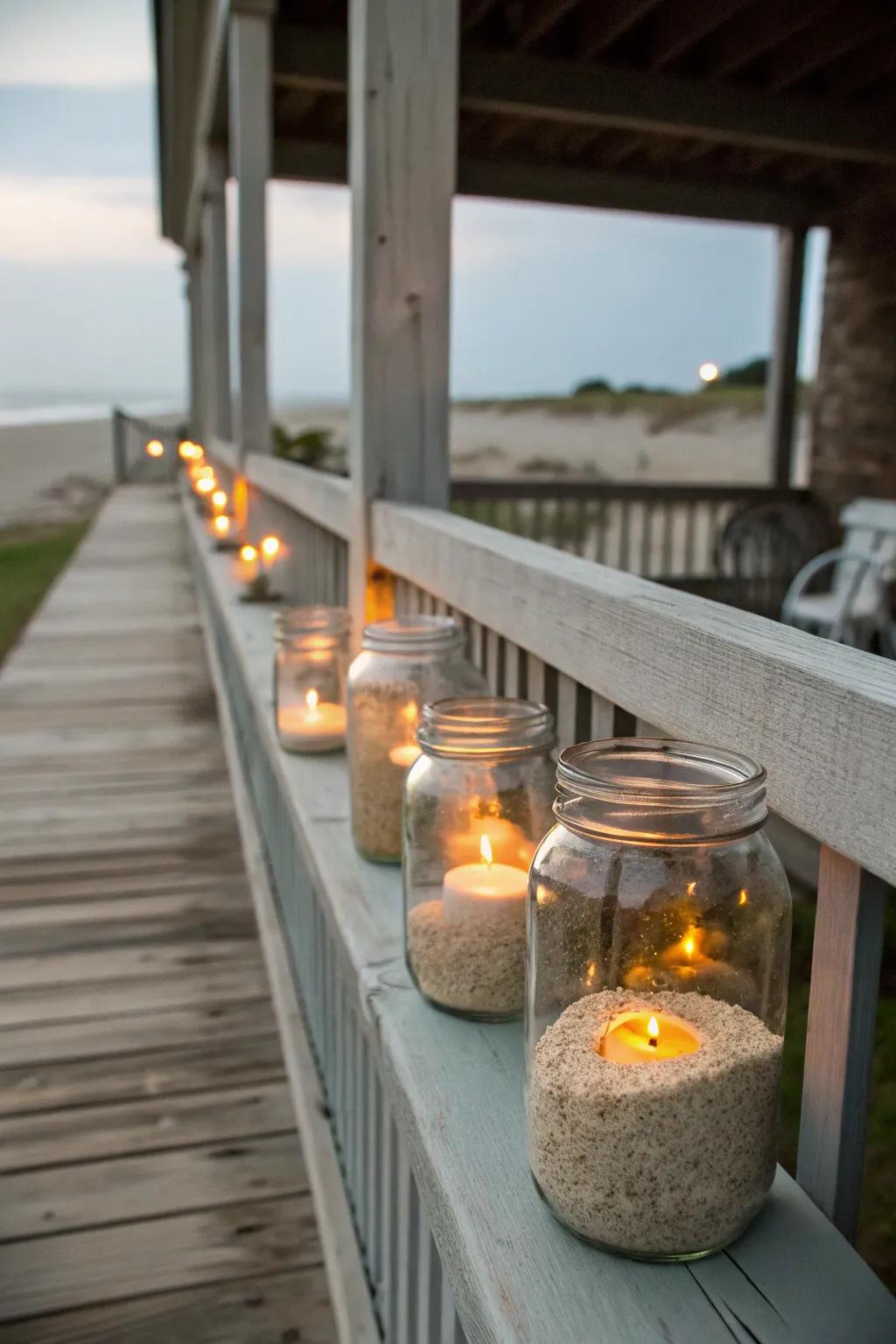 Snug heritage container wax light holders with grains of sand and tea illuminations.