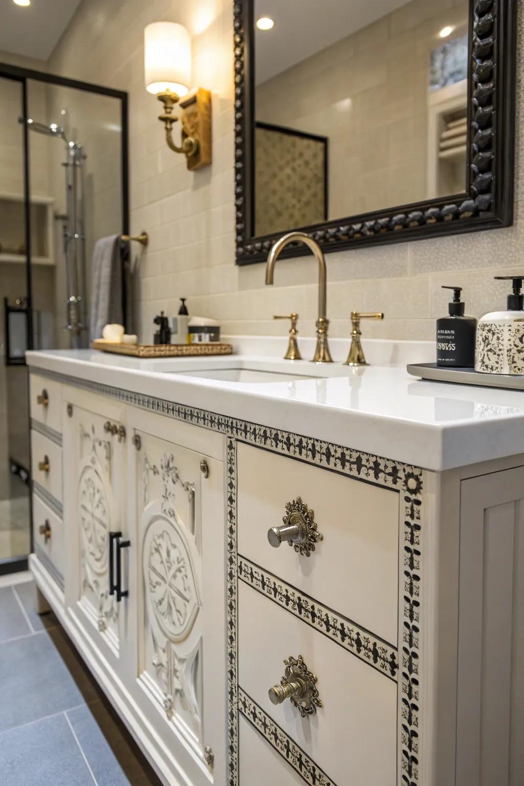 A bathroom vanity showcasing unique, ornate hardware for added flair.