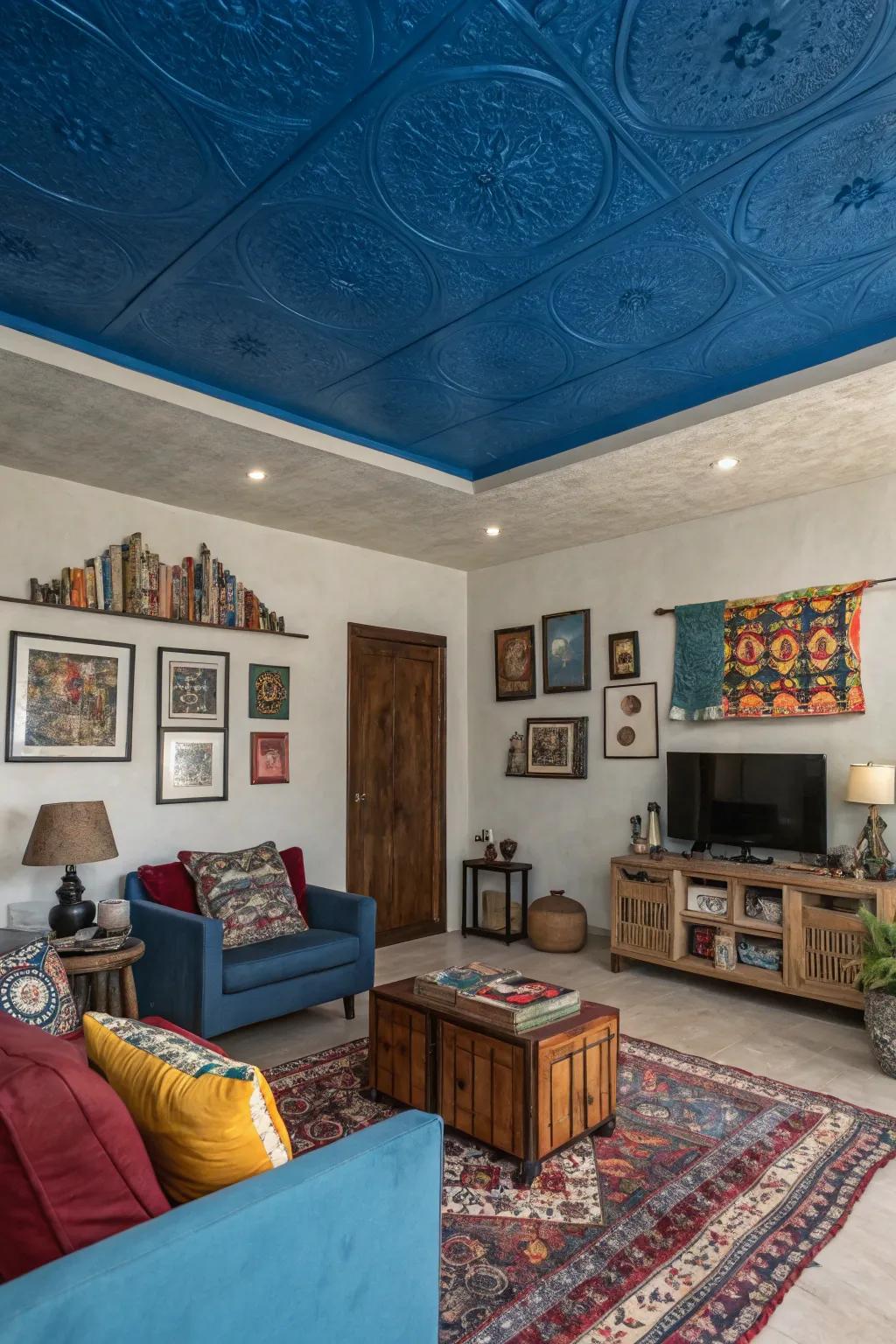 A painted ceiling adds unexpected drama to this space.