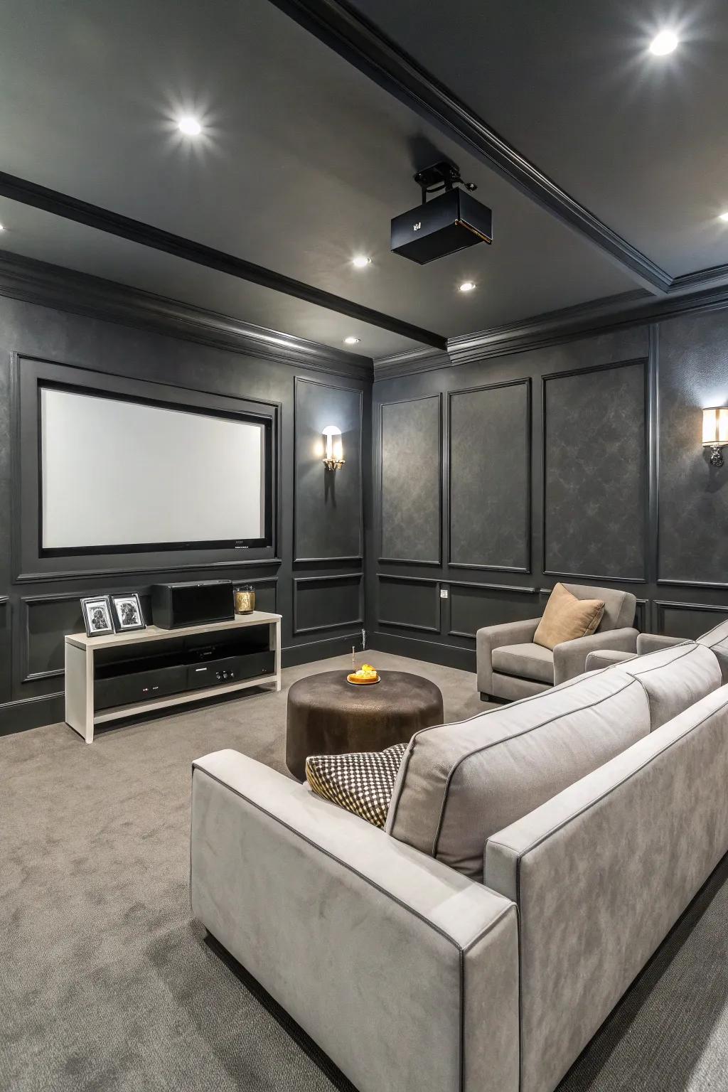 A sleek media room showcasing pencil lead walls, epitomizing modern sophistication.