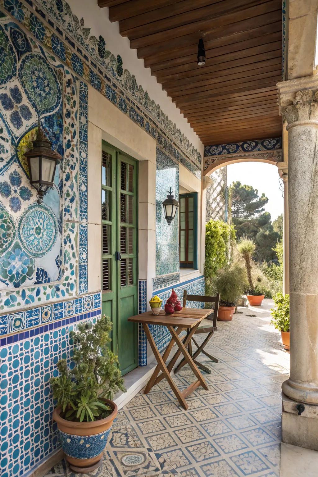 Mosaic tiles contribute artistic flair and lively dynamism.