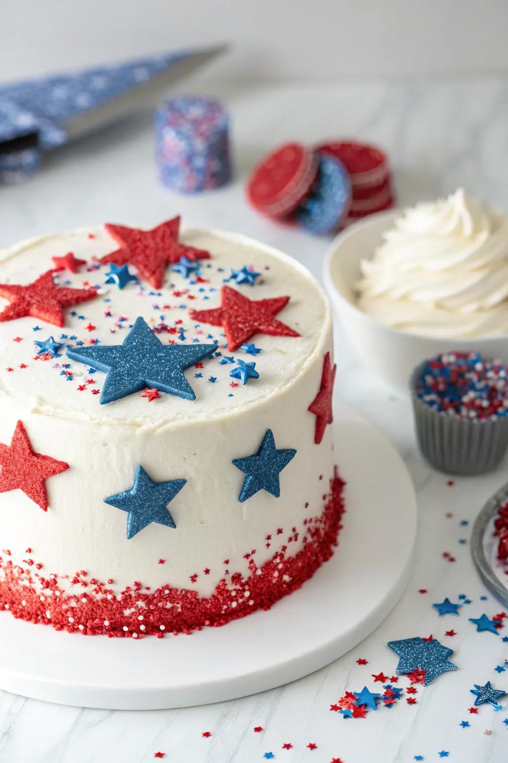 Glittering stars add a touch of glamour to this celebratory cake.