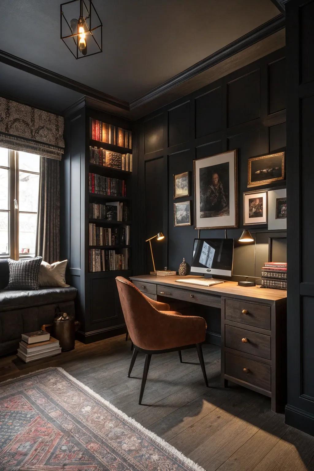 This office uses a dramatic color palette to create a focused environment.