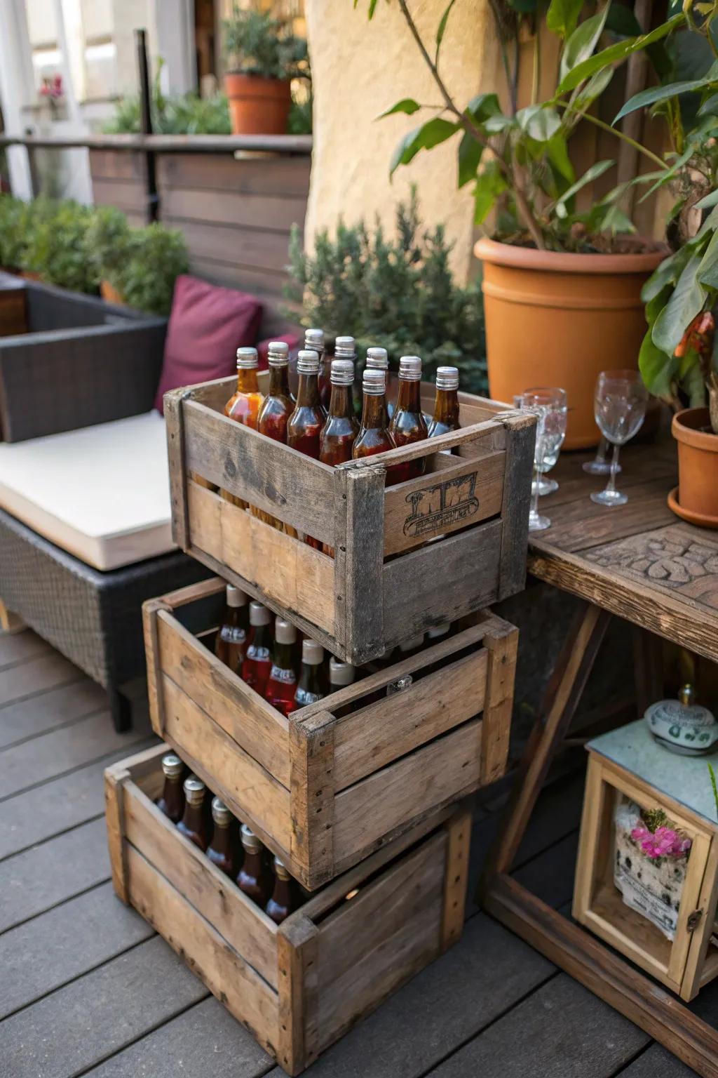 Antique containers stacked to compose an enchanting presentation for mini liquor bottles.