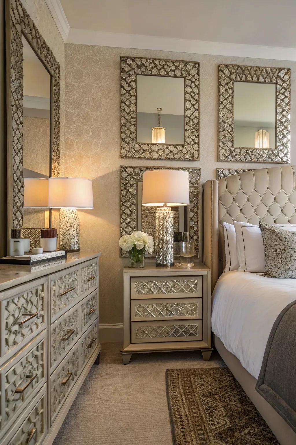 Textured mirrors introduce depth and tactile intrigue to the decor.