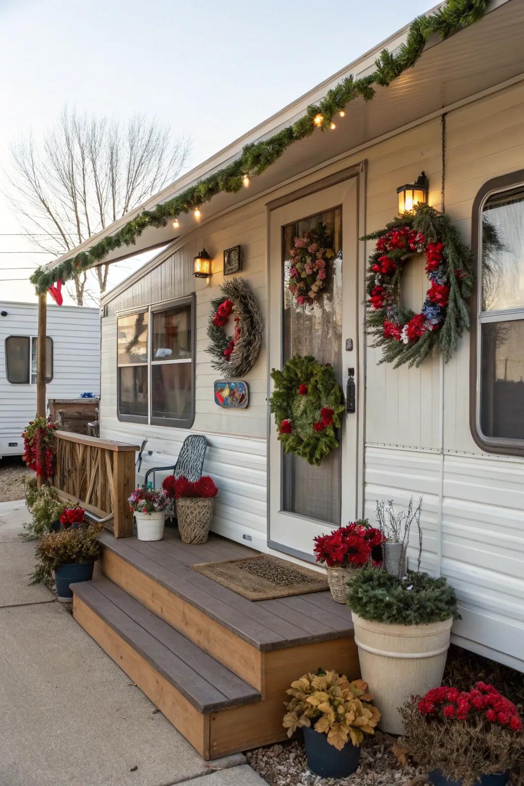 Seasonal wreaths and flora adding a festive touch to a mobile home.