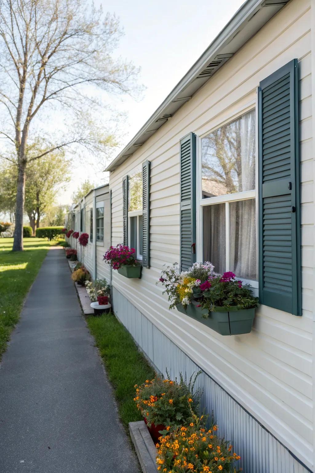 Shutters combined with planter boxes creating an inviting design.