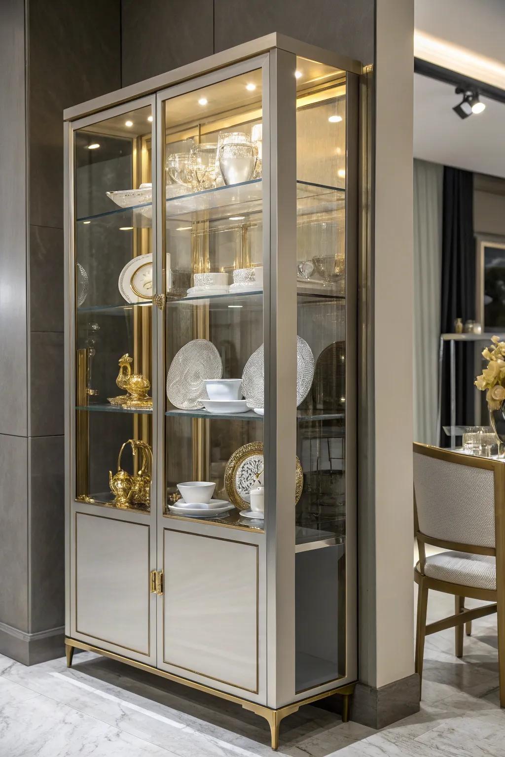 Glamorous metal accents in a china cabinet.