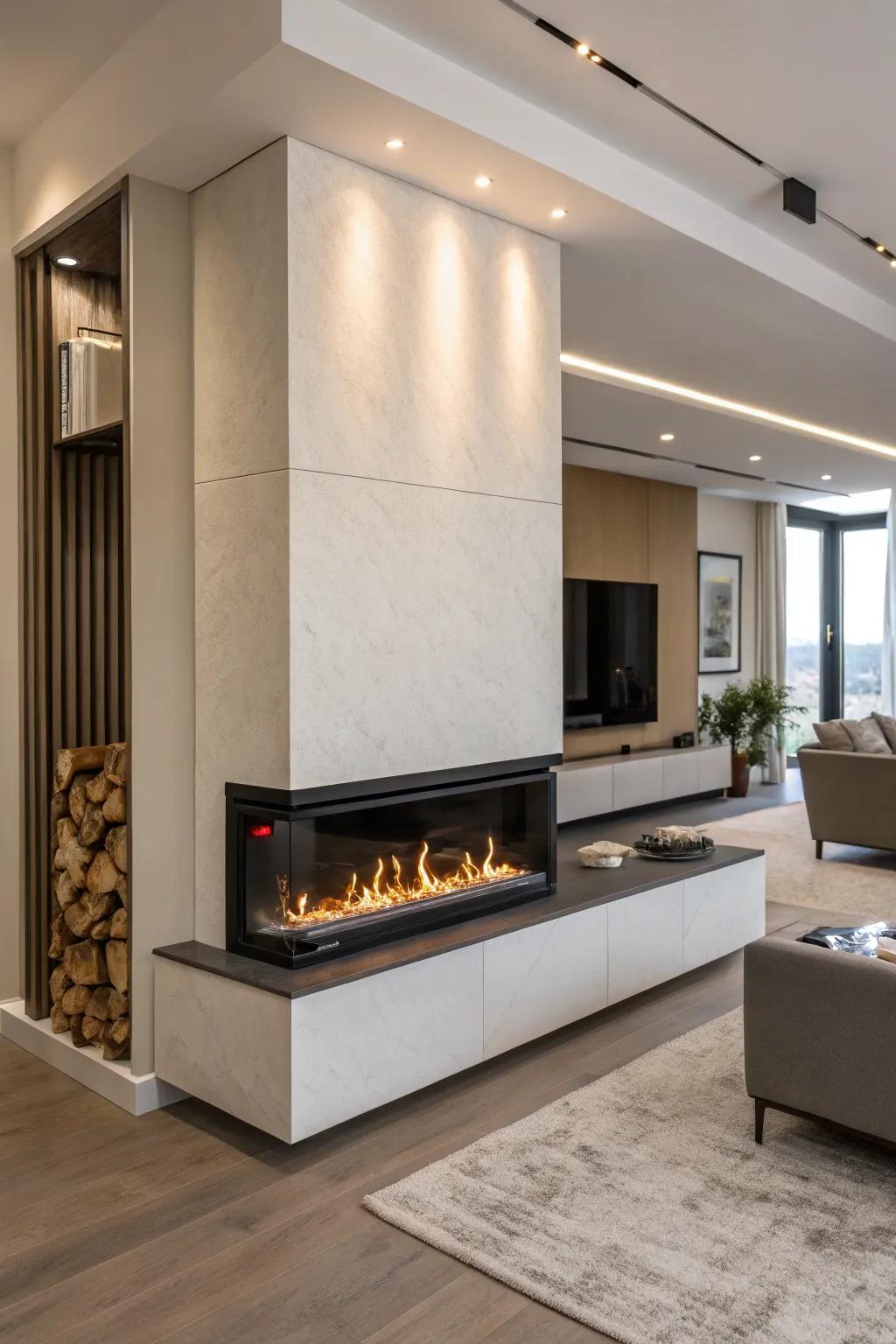 A sculptural electric fireplace acting as both art and source of warmth in a modern setting.