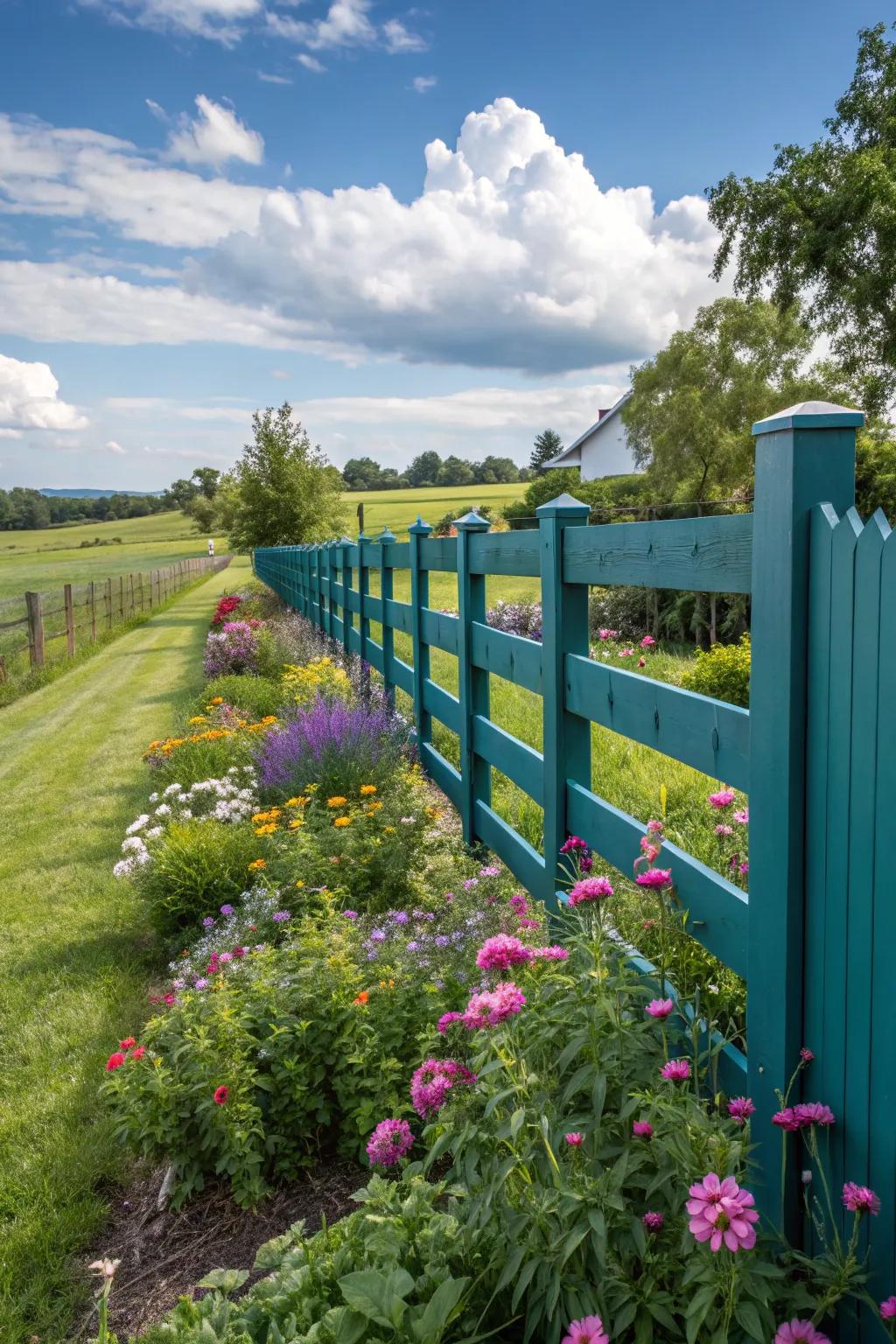 A bold hue burst transforms this modern farmhouse fence into a striking element.