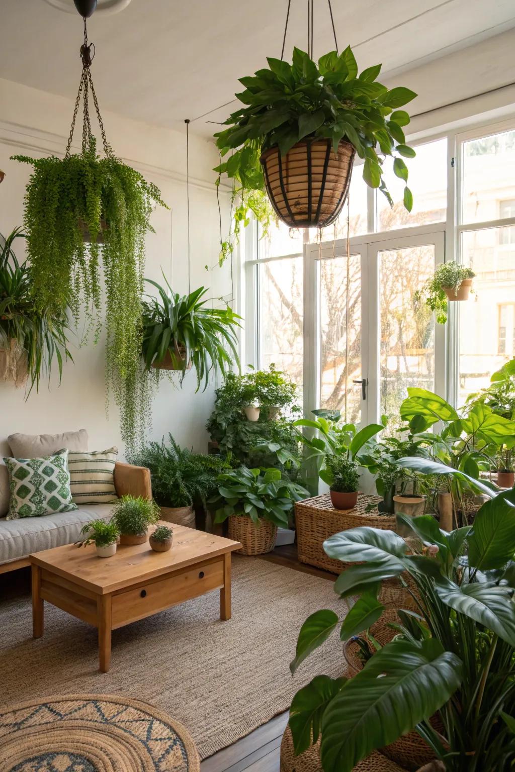Greenery breathes life into the farmhouse living space, enhancing its natural appeal.
