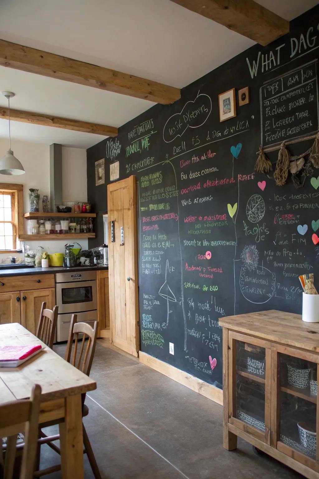 Blackboard wall for creativity in a farmhouse culinary space.