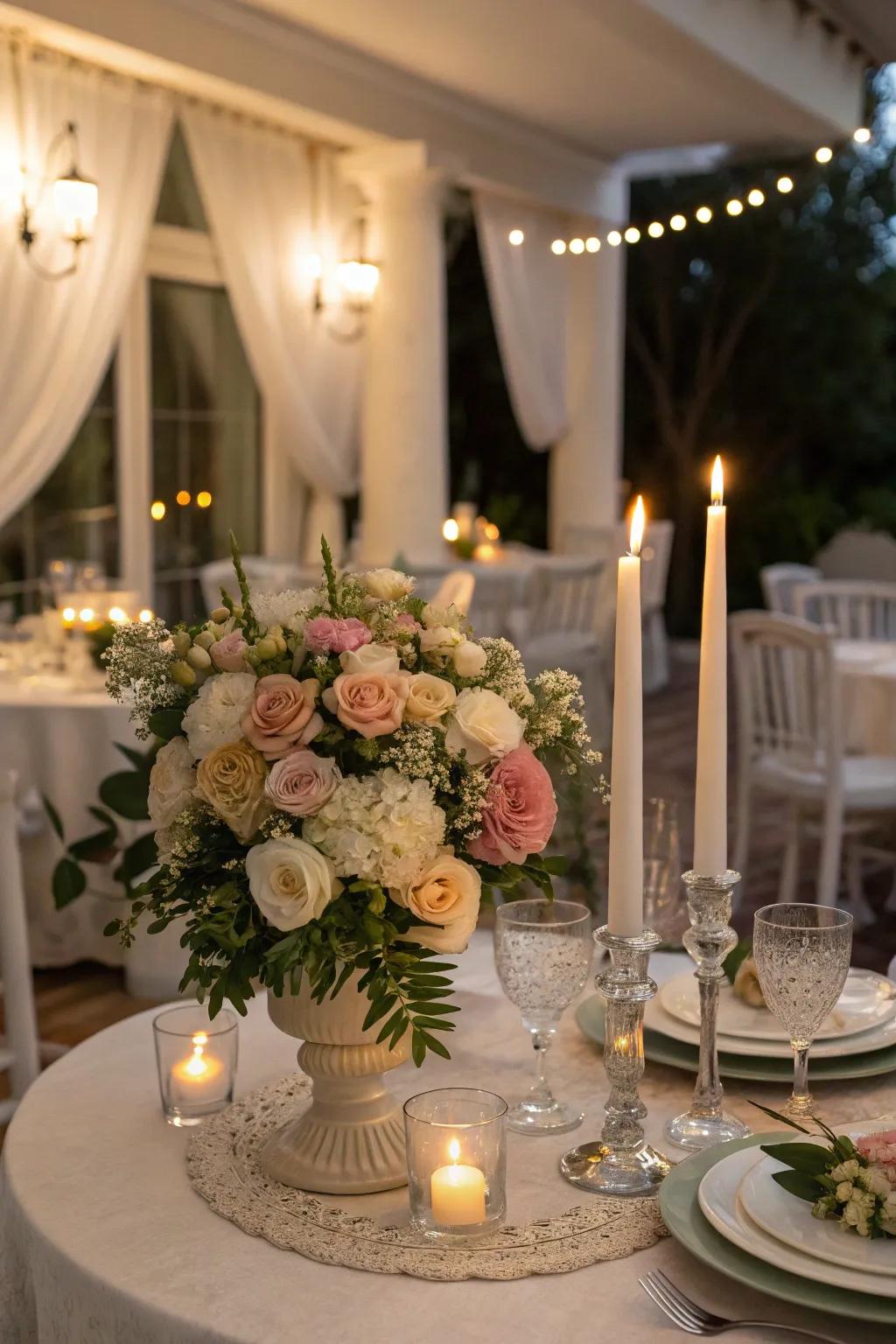 A romantic tableau featuring flowers and candles that elevates the mood.