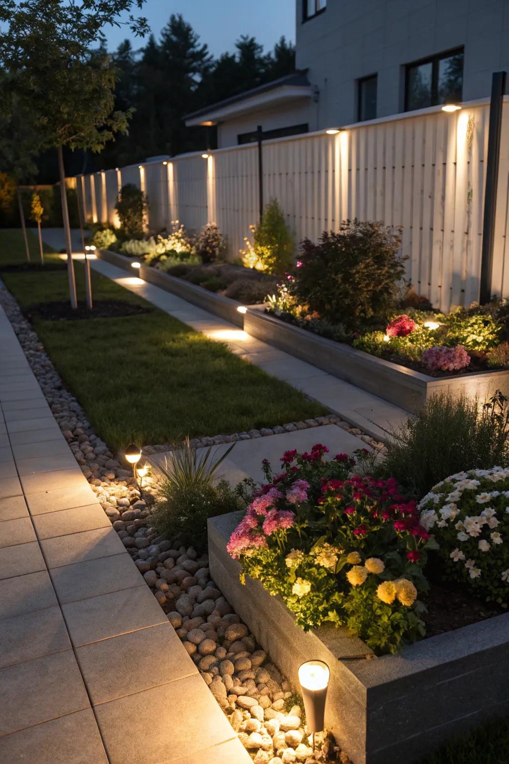 Sun-powered lights cast a magical glow over garden beds at night.