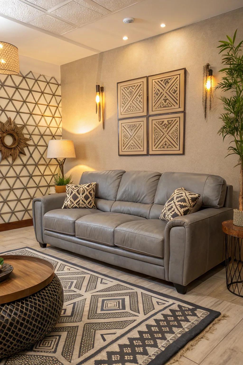 Geometric patterns adding a modern edge to a stylish living room.