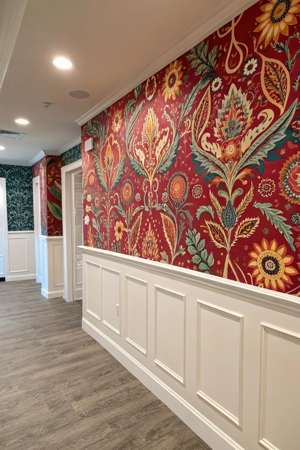 Audacious wallpaper utilized on a half wall introduces theatrical flair and individual expression.