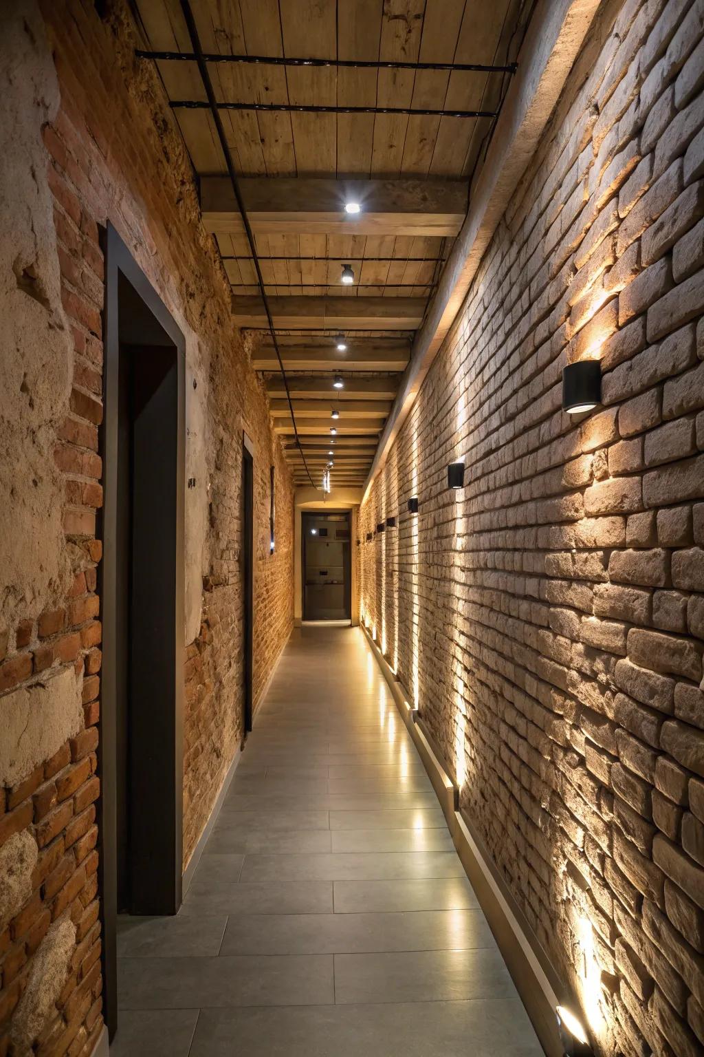 Highlight lighting emphasizes the textures in hallway decor.