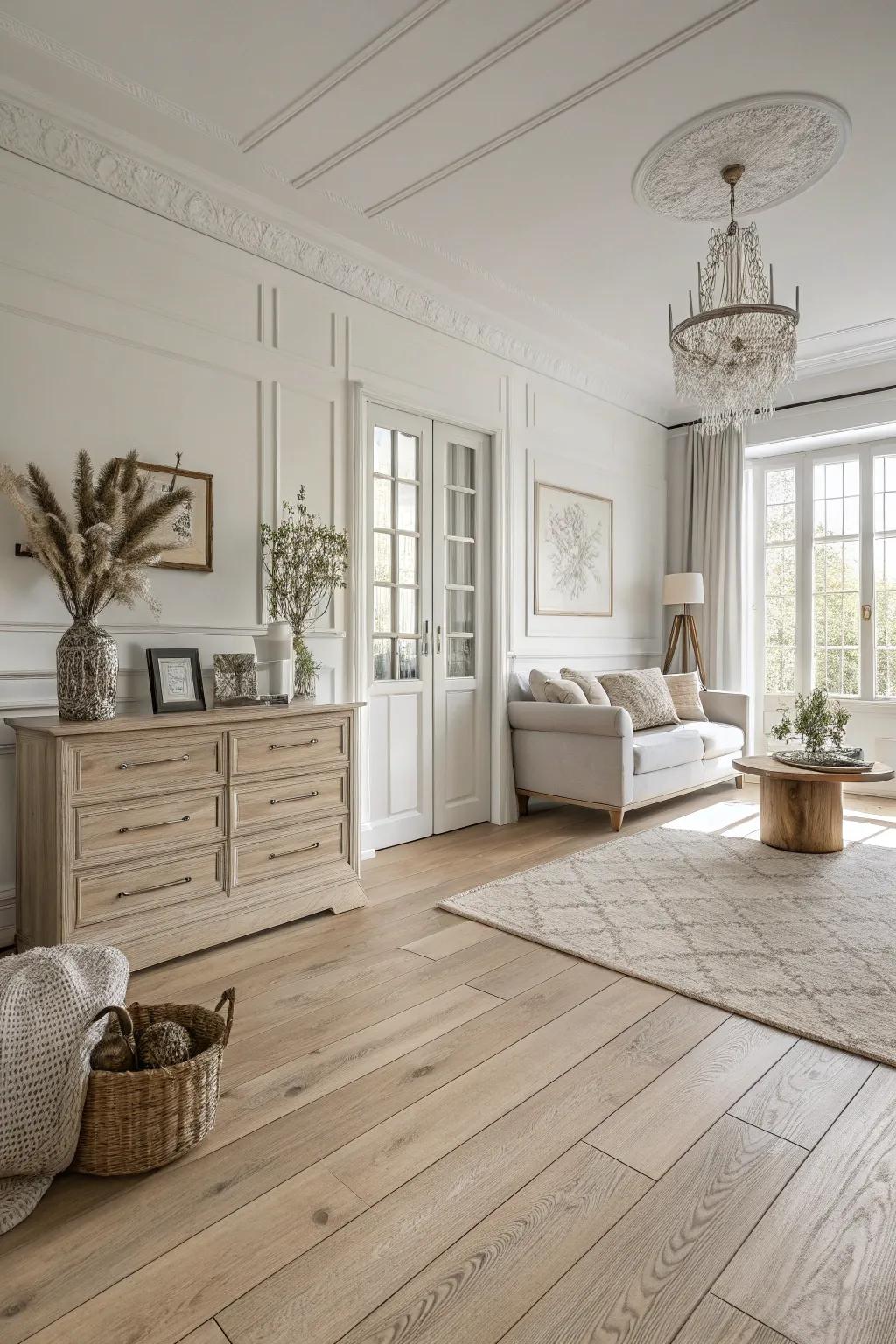 A monochromatic design accentuates the elegance of pale wood floors.