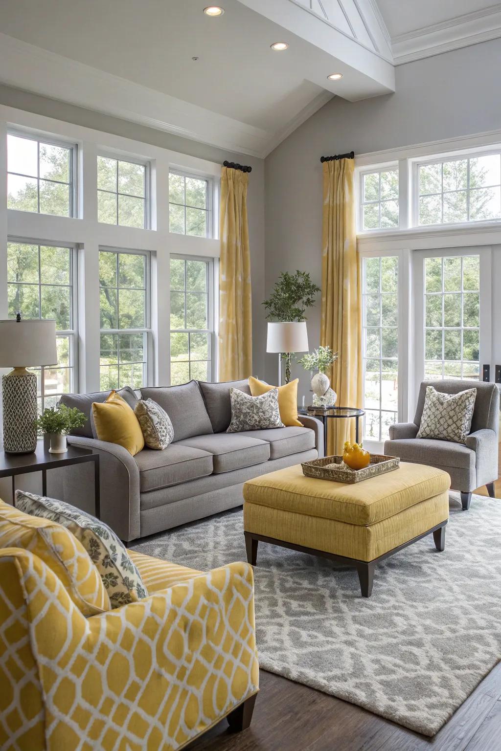 Gray and yellow create a modern and inviting ambiance in this balanced living room.