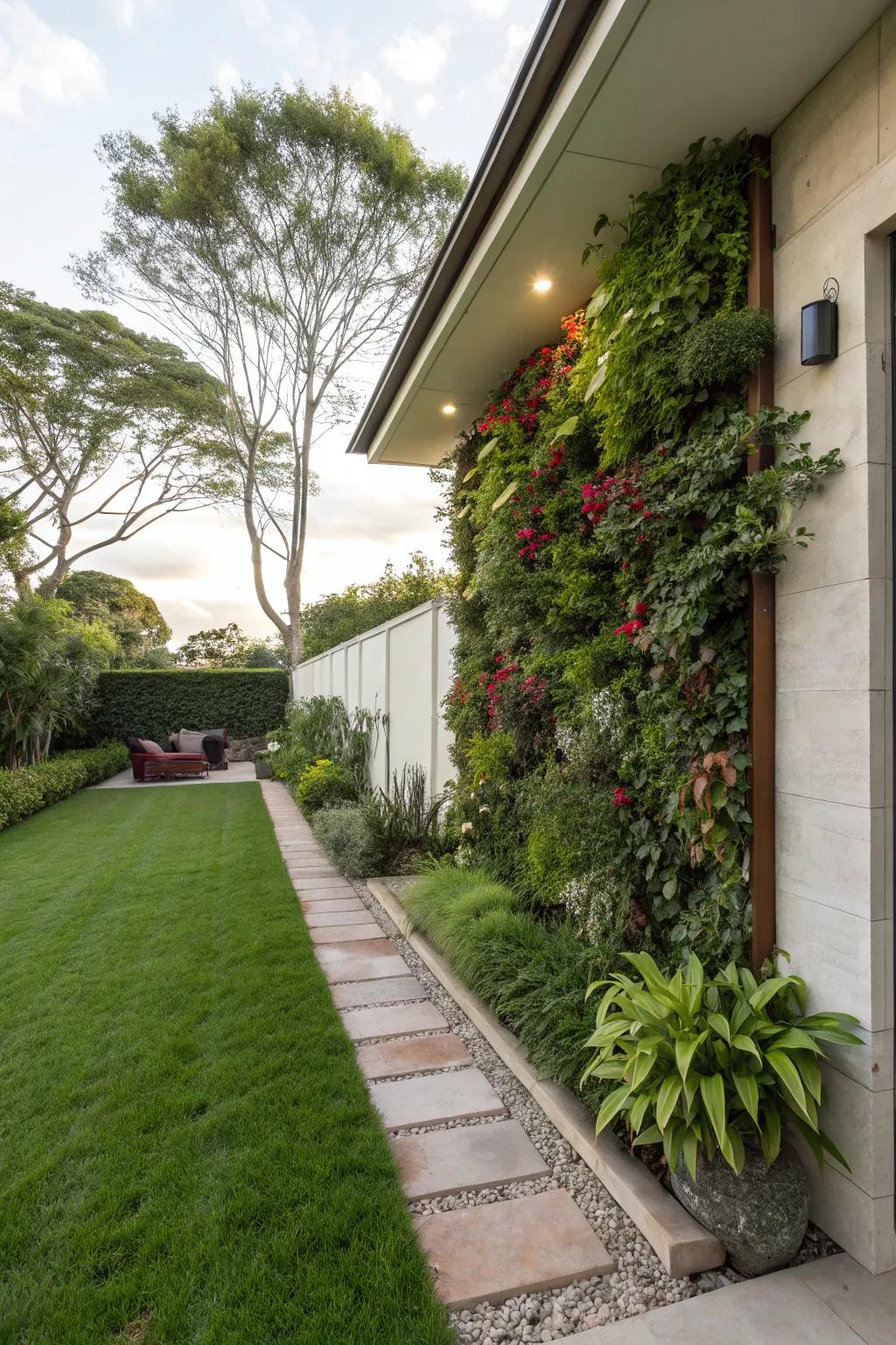 A wall garden providing greenery in an efficient way in a modern front yard.