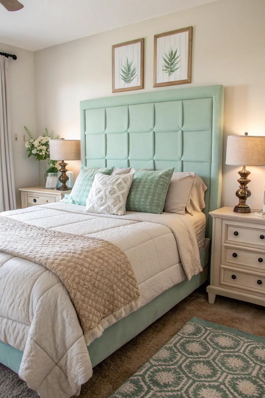 A striking soft jade headboard in a modern bedroom.