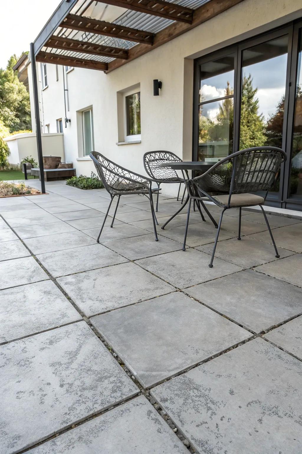 Concrete-look tiles provide an industrial chic aesthetic.