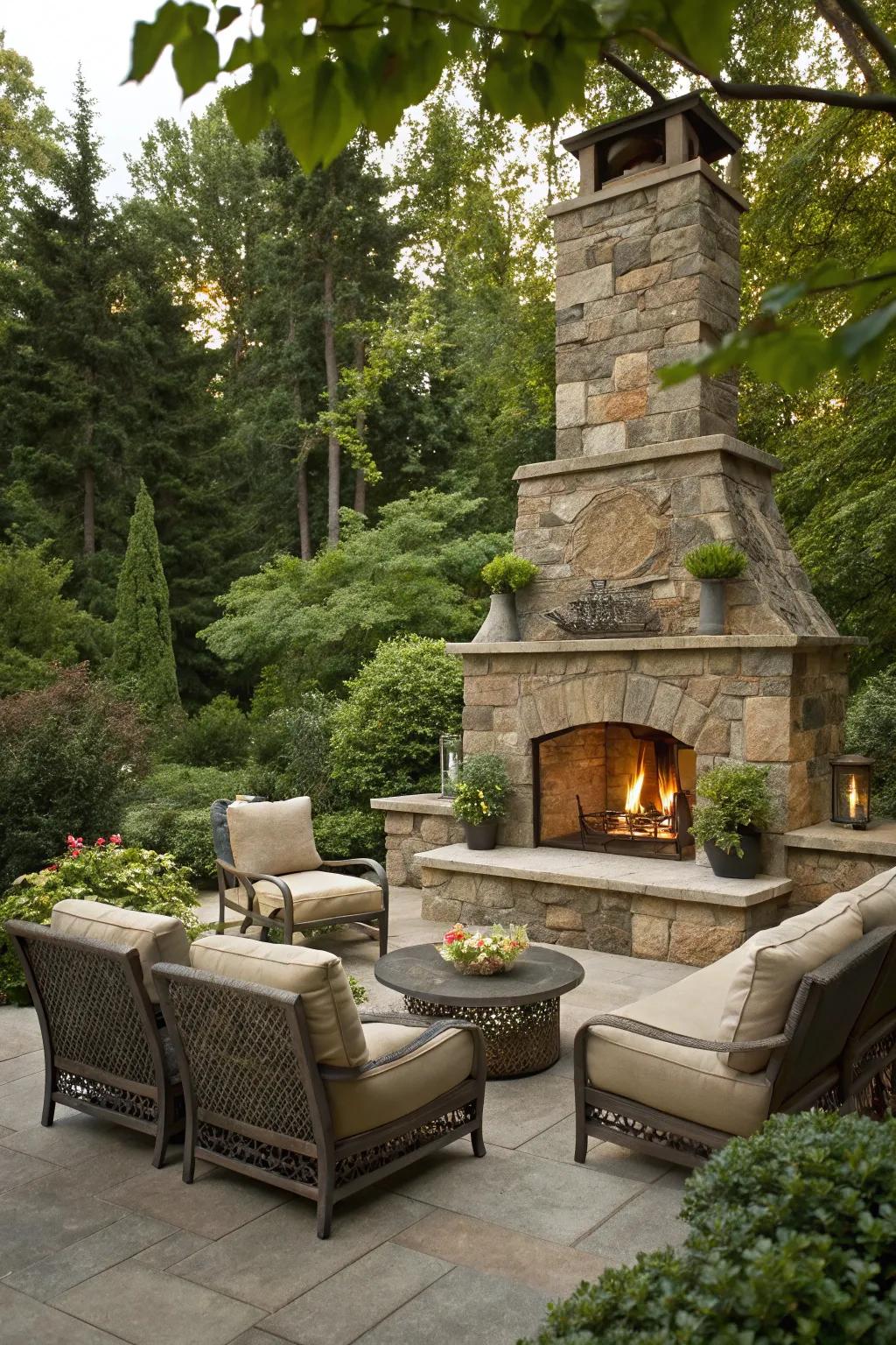 An exterior stone fireplace becomes the epicenter for social gatherings.