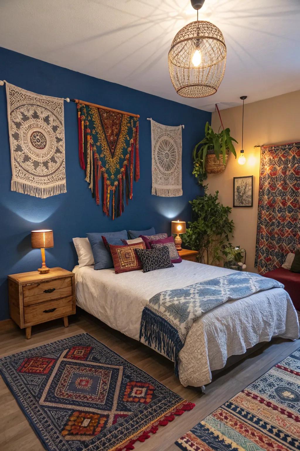 Bohemian wall tapestries inject a whimsical touch to the sapphire bedroom.