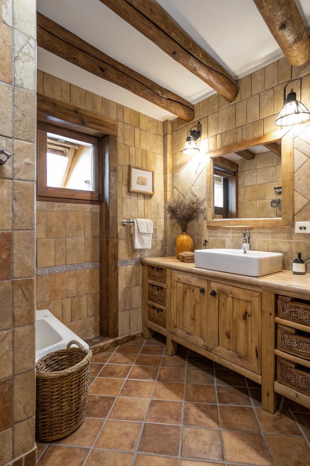Earthy tiles harmonize beautifully alongside rustic wood elements.